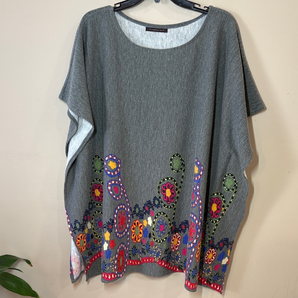 Do Everything in Love Gray Poncho with Colorful Boho Floral Border